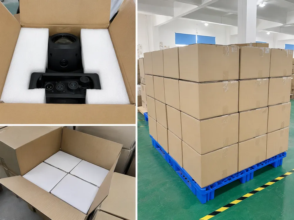 DMX party DJ lights packaging with EPE foam inserts and master cartons ready for container loading