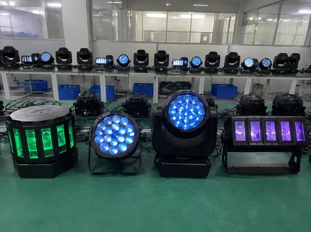 DMX party DJ lights sample evaluation units including derby, wash, and multi-beam fixtures