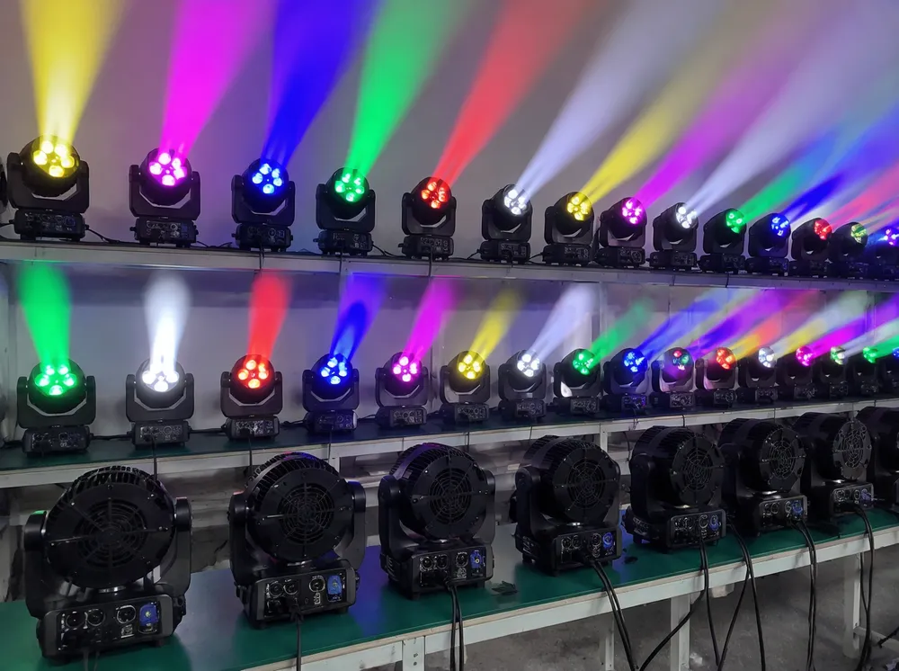 DMX party DJ lights array showing multi-beam LED effects with XLR connectors