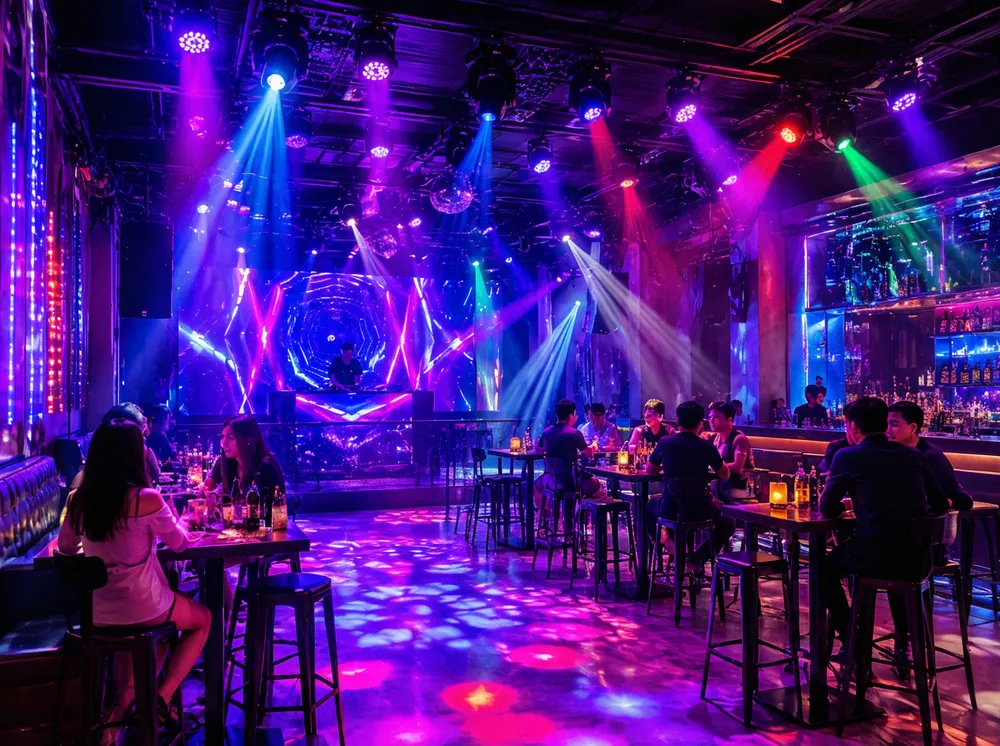 Small nightclub with permanent DMX party DJ lights installation running preset scene programming