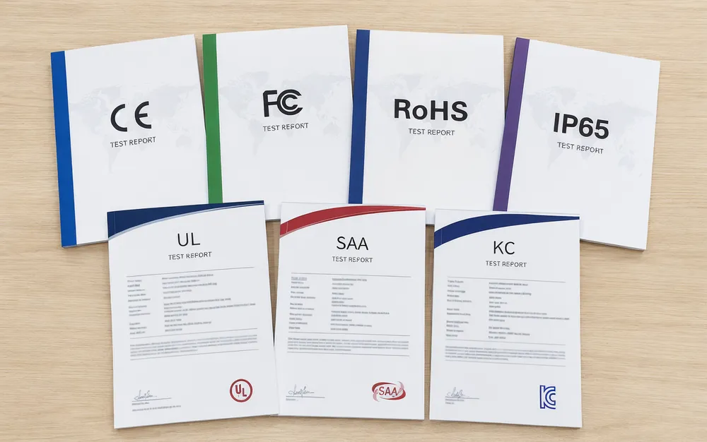 CE, FCC, RoHS, and IP65 compliance certificates and test reports for event stage lighting fixtures