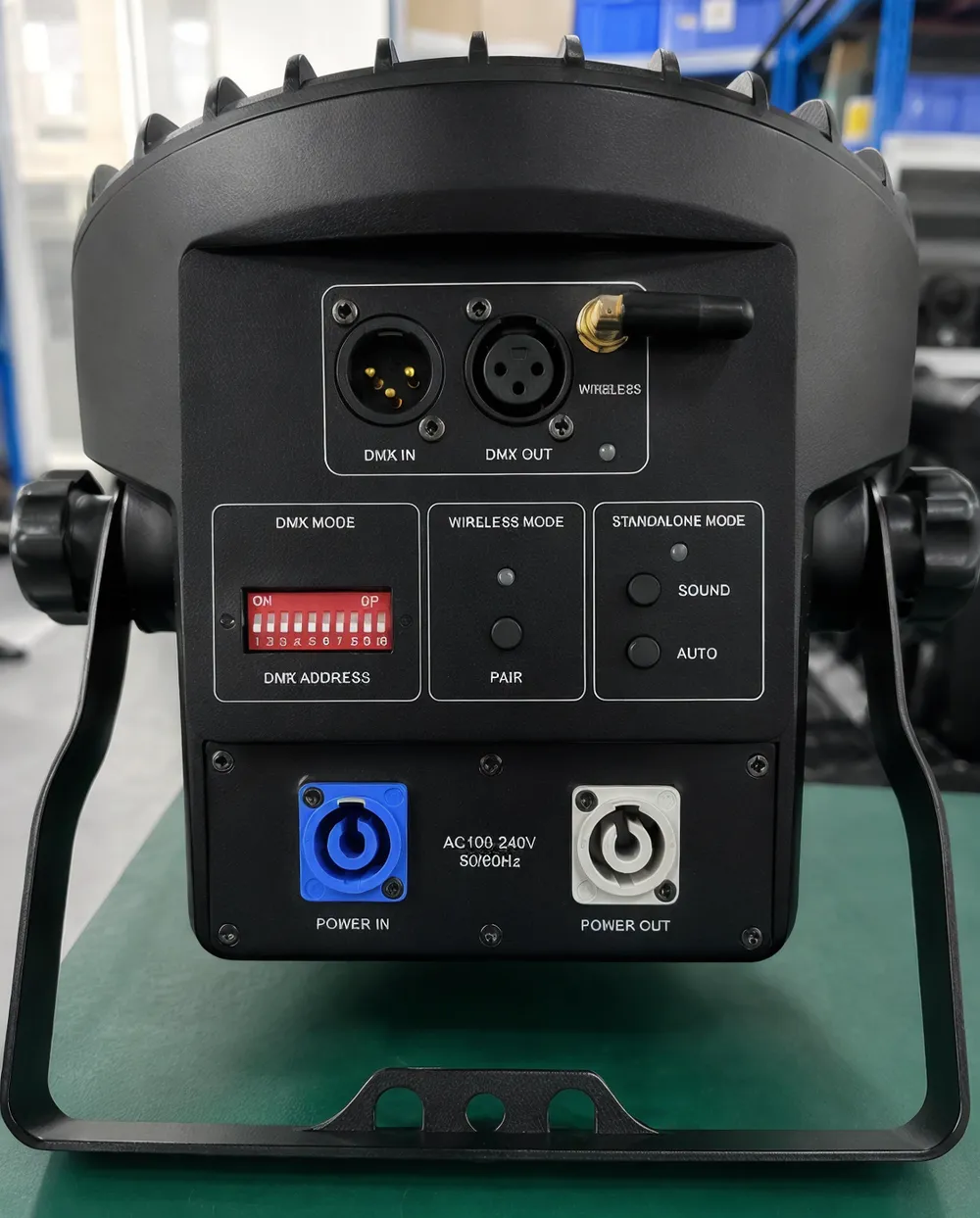 Event stage lighting fixture rear panel showing DMX, wireless, and standalone control mode options