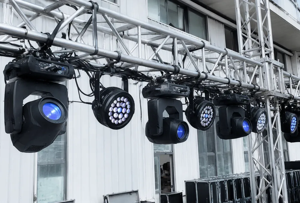 Event stage lighting fixtures rigged on truss for commercial rental deployment