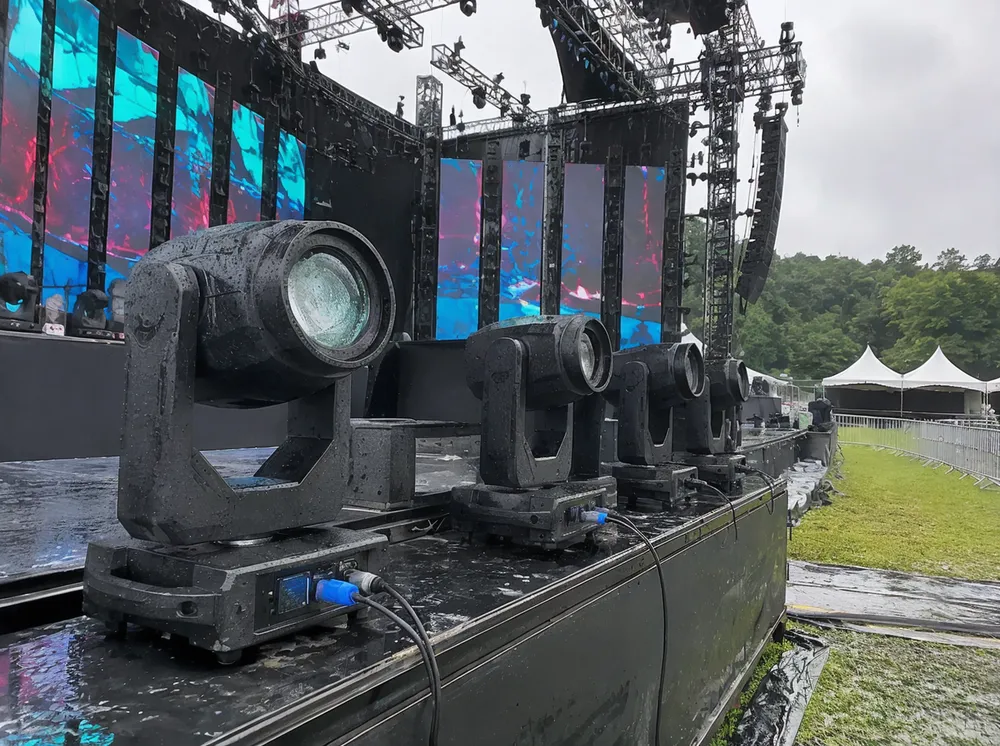 IP65 weather-sealed event stage lighting fixture deployed at an outdoor festival setup