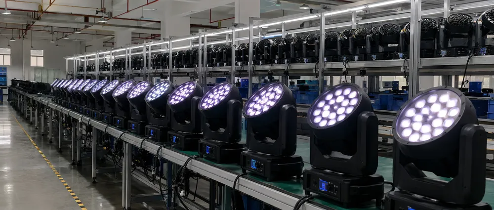 Stage lighting fixtures running 48-hour aging test on factory production line