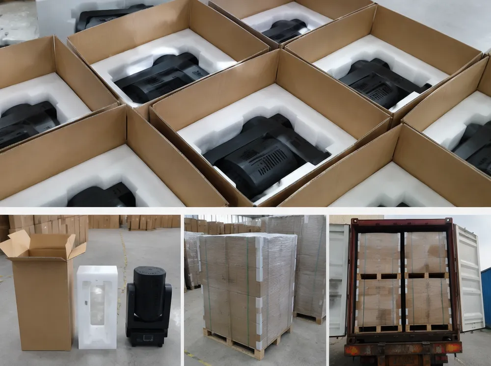 Custom EPE foam inserts protecting stage lighting fixtures in export shipping cartons