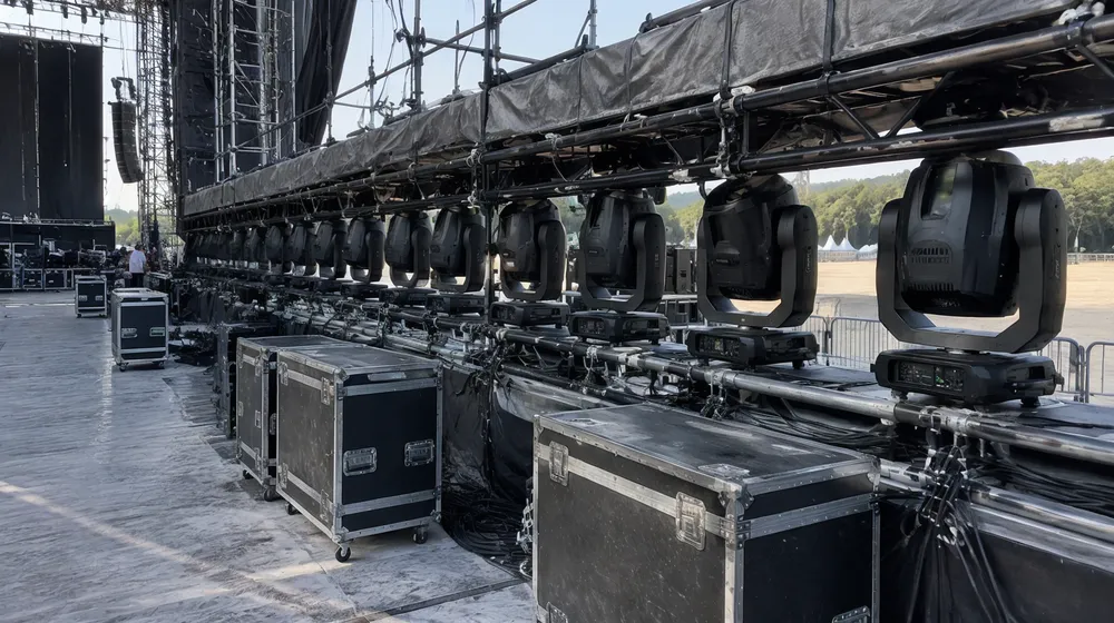 Touring stage lighting rig with flight-case compatible fixtures and IP65 rated units for outdoor festival