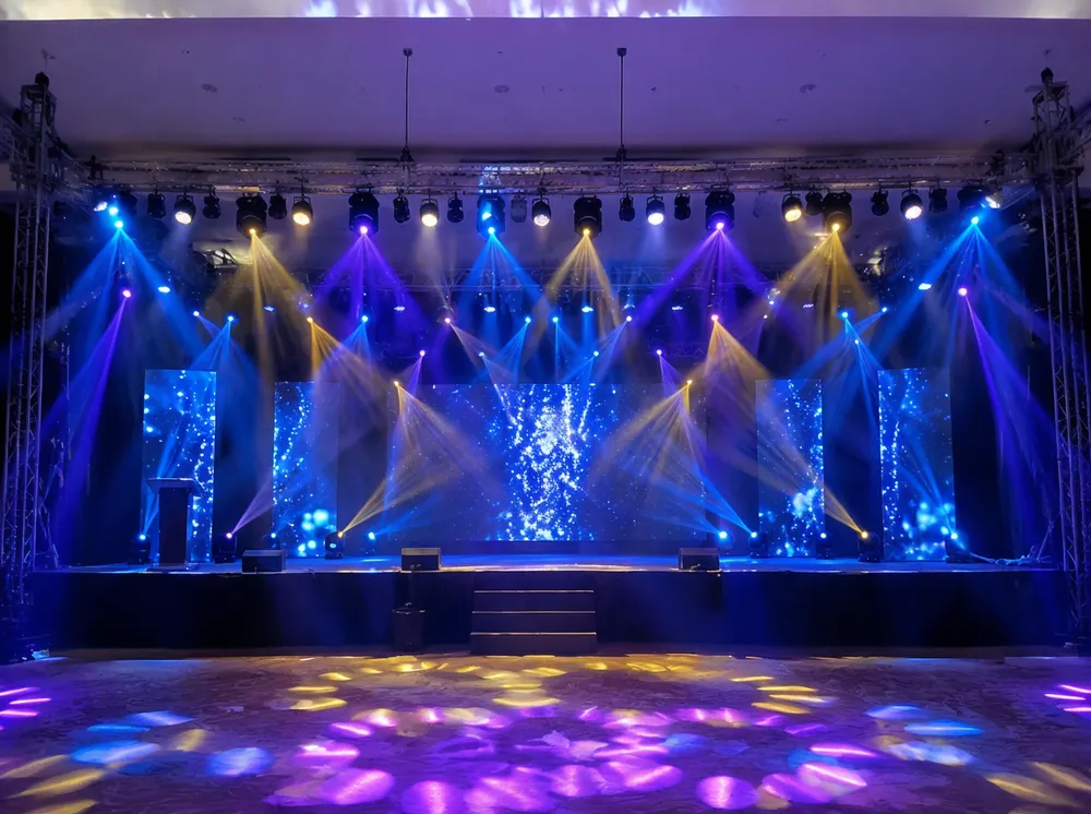 Event stage lighting — higher-output DMX fixtures for corporate functions, weddings, and community events