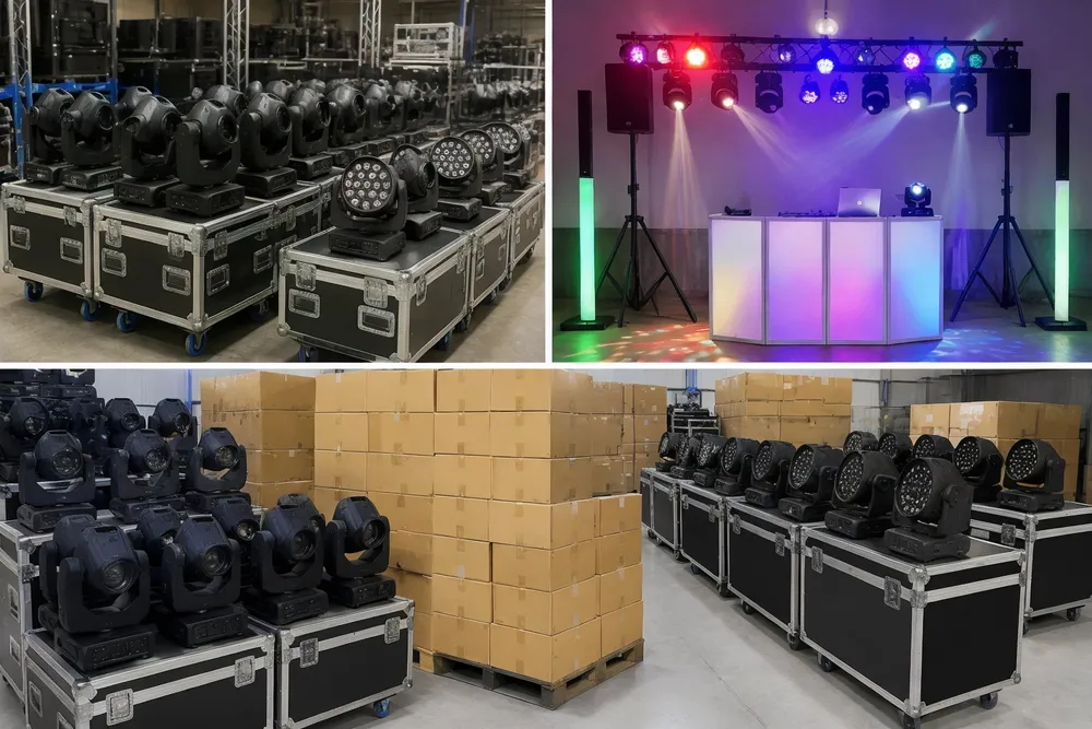 Party DJ lights deployed across multiple event scenarios — rental fleet, mobile DJ setup, and distributor warehouse