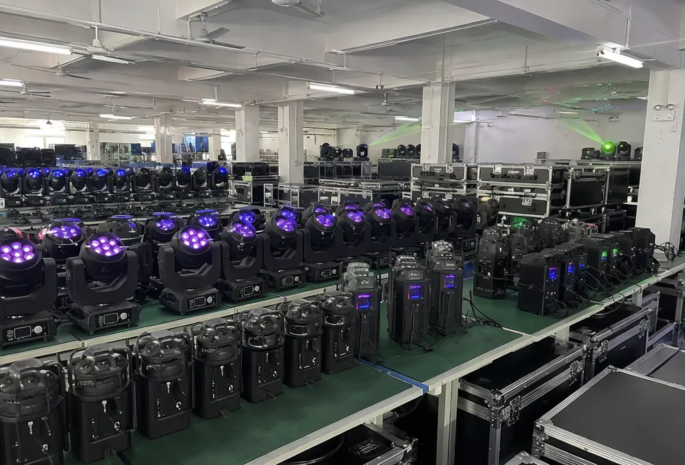 GDMonkey party DJ lights production facility showing assembled portable, wireless, and laser lighting fixtures ready for export