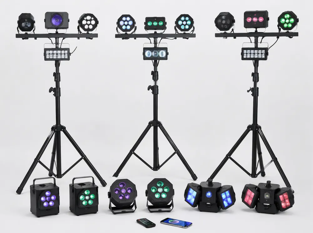 Party DJ lights tripod — multi-fixture packages with stand and integrated lighting systems