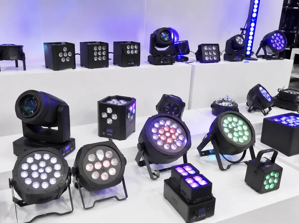 Portable DJ lights — battery-powered compact LED party fixtures for rental fleets