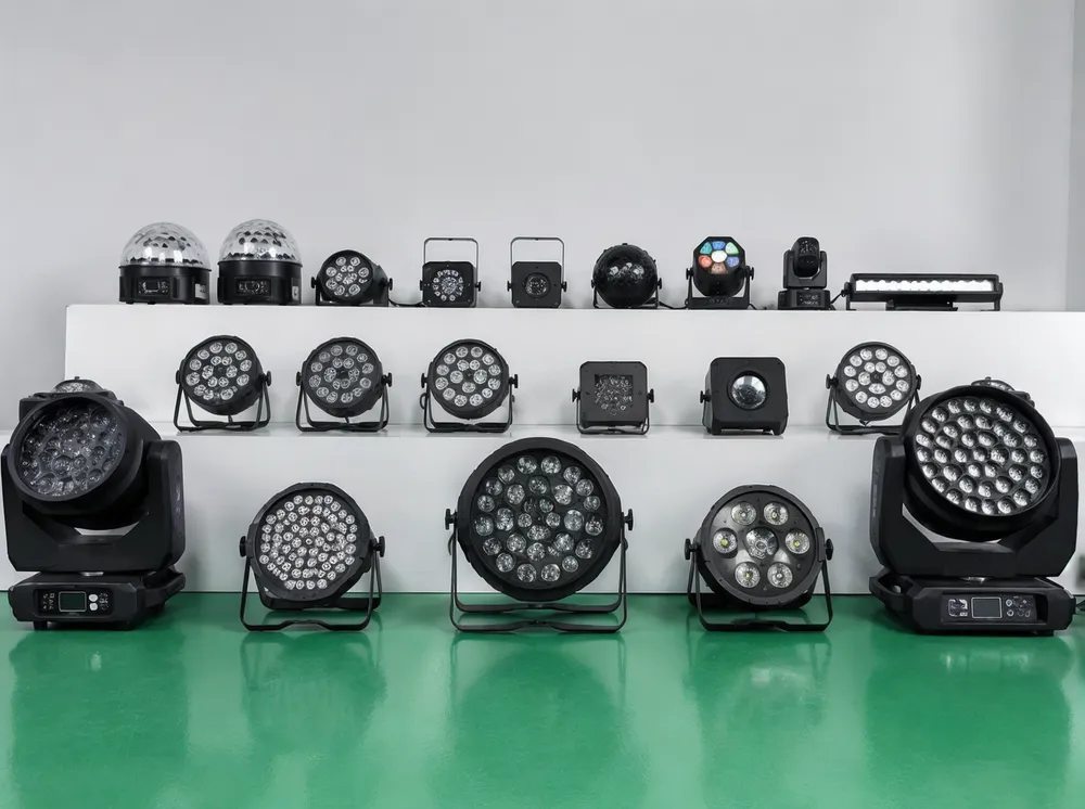 Party DJ lights specification range overview showing variety of fixture types from compact portable units to full-size DMX wash lights