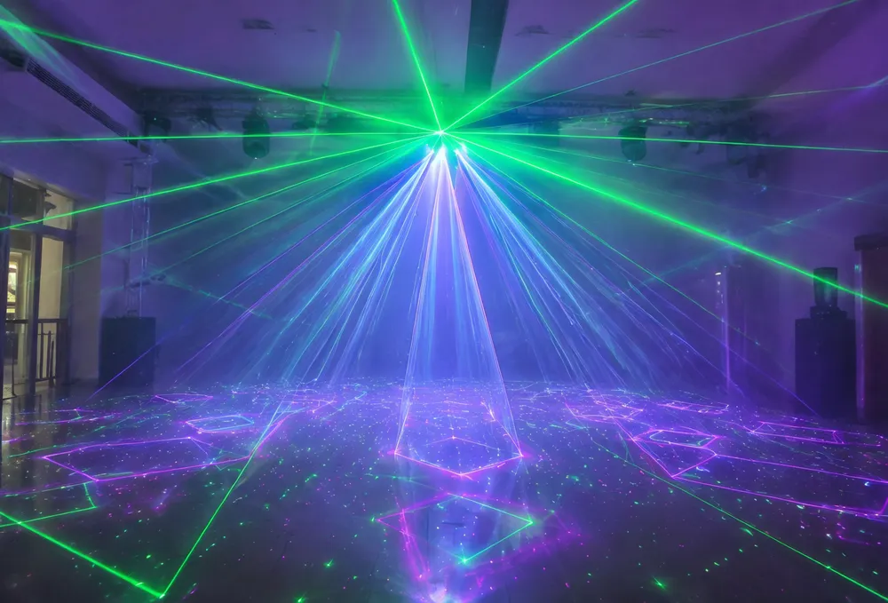 GDMonkey laser projector party DJ light projecting geometric patterns and star fields in a haze-filled venue