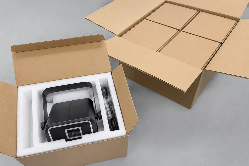 Laser projector party light in custom-molded EPE foam suspension packaging with separate compartments for accessories