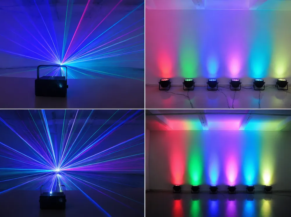 Single laser projector creating room-filling effect compared to multiple LED PAR fixtures