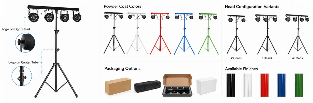 Party DJ lights tripod customization options showing logo placement, powder coat colors, and head configuration variants