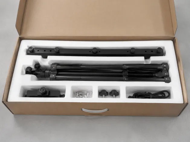 FBA-ready tripod system packaging with fitted molded foam insert and all accessories included
