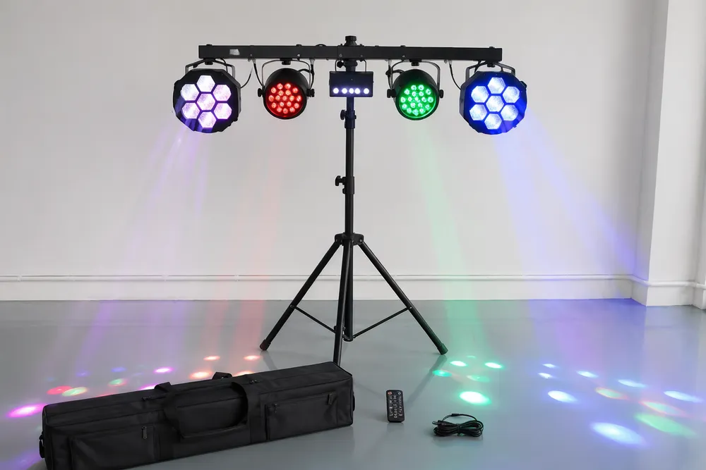 Party DJ lights tripod system with multi-head LED fixtures mounted on adjustable stand