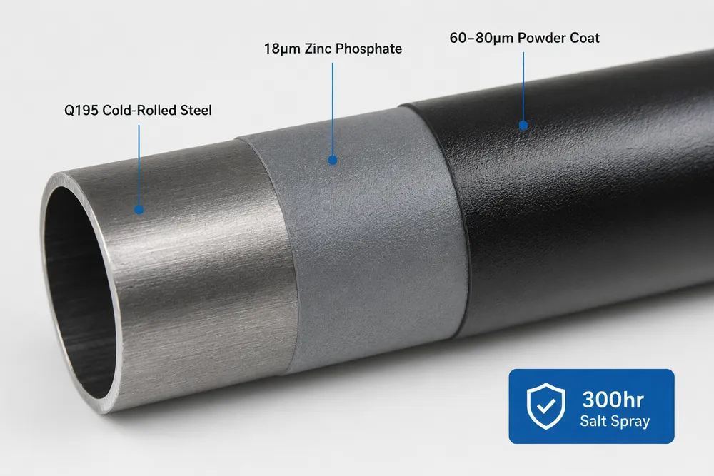 Q195 cold-rolled steel tripod tube with zinc phosphate conversion coat and powder coating layers visible