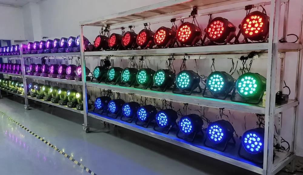 48-hour battery aging test station running portable DJ light units through full charge-discharge cycles at maximum LED output