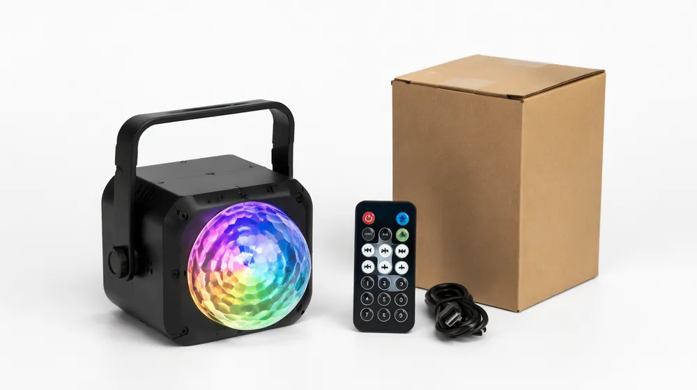 Portable DJ light product photography for e-commerce marketplace listing — compact shipping, impulse-buy price point