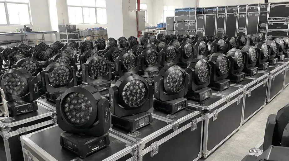 Portable DJ light rental fleet staged for event deployment — 20 to 200 unit operations