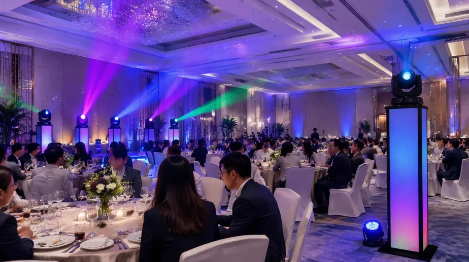 Hotel event space using portable DJ lights for corporate dinner — permanent inventory deployment