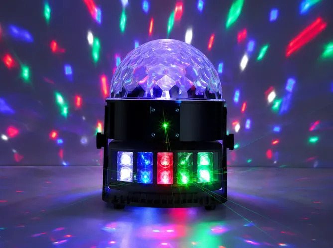 Multi-effect hybrid DJ light combining rotating crystal ball, static color wash, and laser star field in one unit