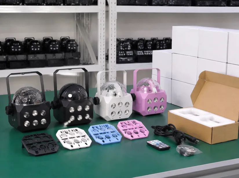 OEM customization options for portable DJ lights including logo placement, housing color, and packaging