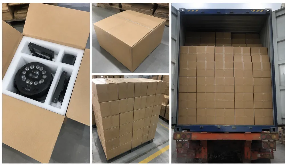 Portable DJ lights packaging showing EPE foam inserts, K=K double-wall cartons, and container loading layout for 20GP shipments