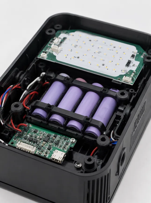 Internal construction of GDMonkey portable DJ light showing battery cells and shock mounts