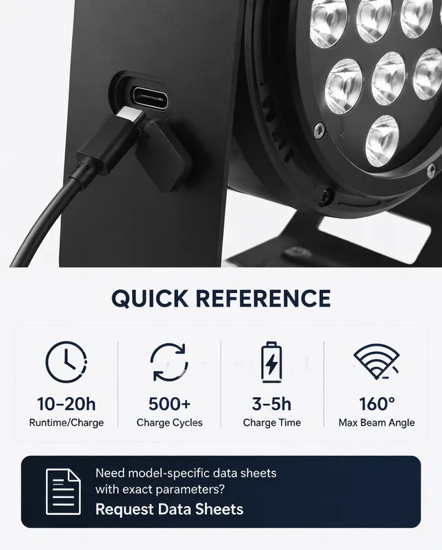 GDMonkey portable DJ light specification detail showing USB-C charging port and LED array