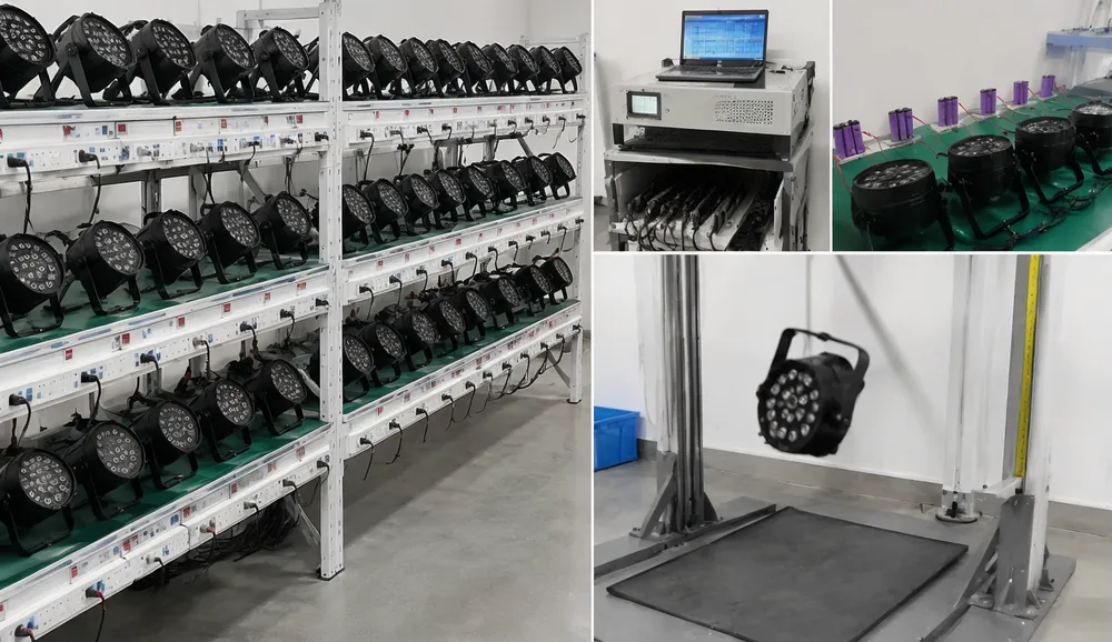 Quality verification testing process for portable DJ lights including battery cycling and drop simulation