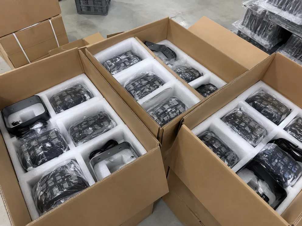 Portable DJ light sample units packaged for evaluation shipment
