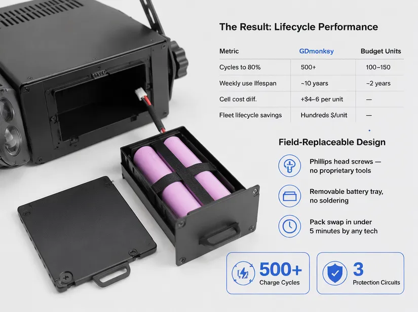 Protected 18650 battery pack with removable tray design for wireless DJ light field replacement