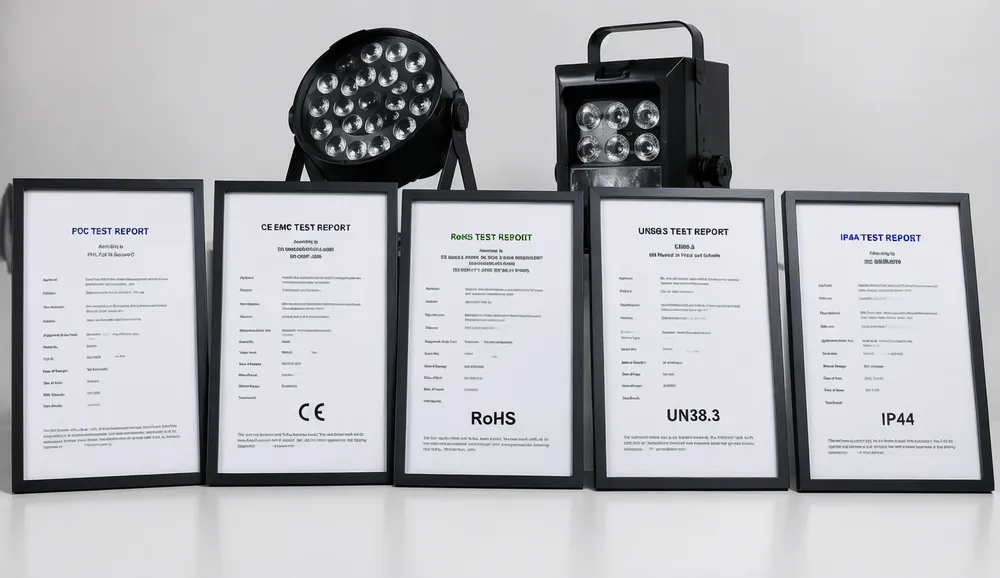 Wireless DJ light certification documentation including FCC CE RoHS and UN38.3 reports