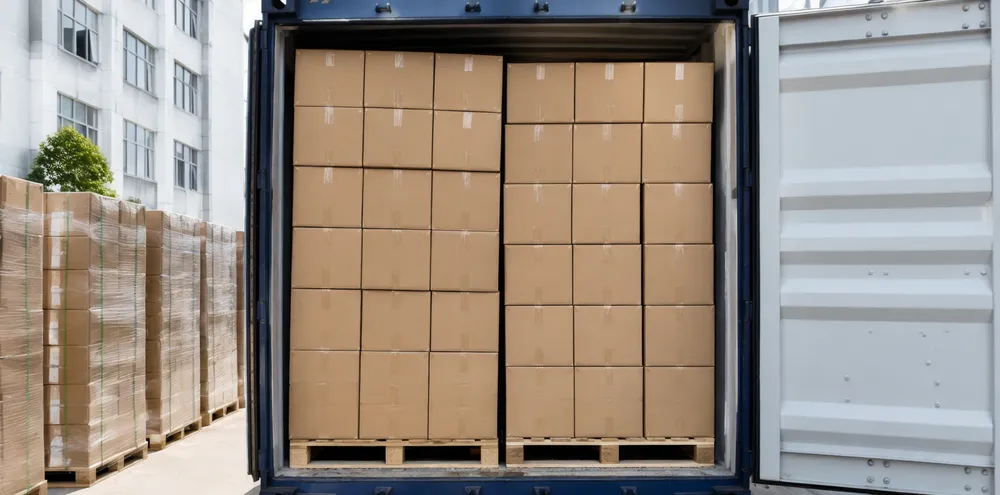Container loading configuration for wireless DJ lights showing master cartons packed for shipping