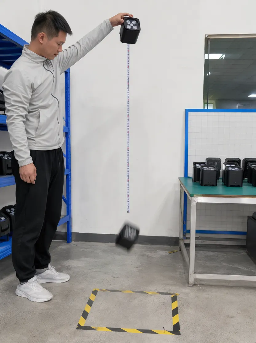 Wireless DJ light reinforced ABS housing undergoing drop test from 1.2m onto concrete