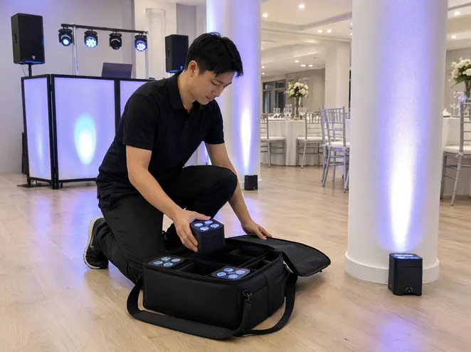 Mobile DJ deploying wireless accent lights from carry bag for quick event setup