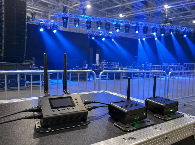 2.4GHz FHSS wireless DJ light control system transmitter and paired fixtures in venue environment