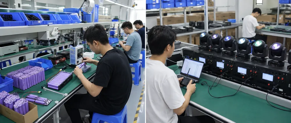 GDMonkey wireless DJ light production line showing battery assembly and RF calibration stations