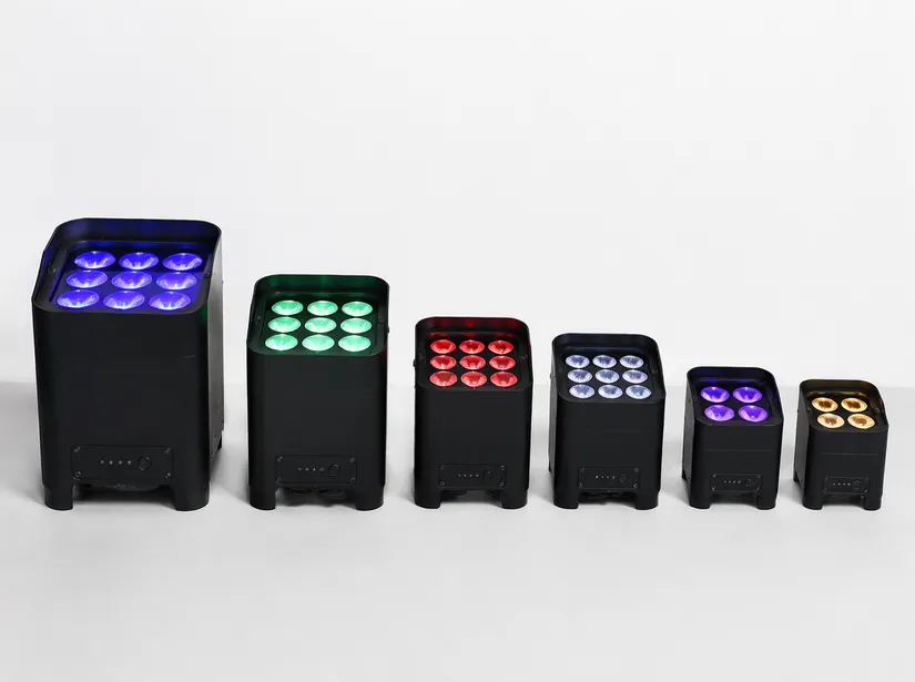 Wireless DJ lights lineup — battery-powered RGBWA+UV LED uplights in black housing with 2.4GHz RF control