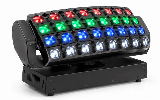 Animated beam effect fixture with multi-lens geometric beam array