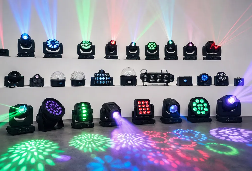 DJ lights effect fixtures lineup including animated beam effects, gobo projectors, and laser-LED hybrids
