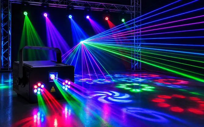 Laser-LED hybrid unit combining RGB laser diodes with LED beam elements