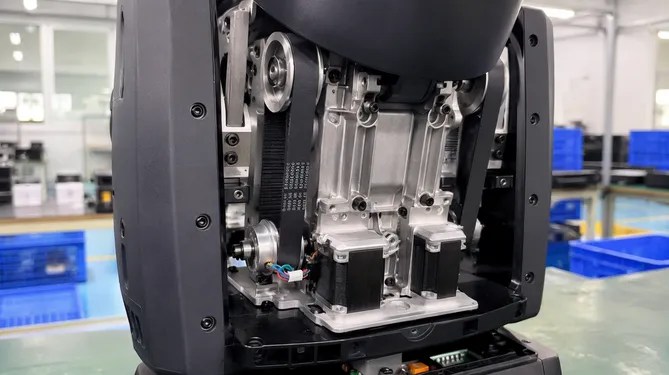Die-cast aluminum housing and steel-core timing belt mechanism inside a professional DJ moving head light