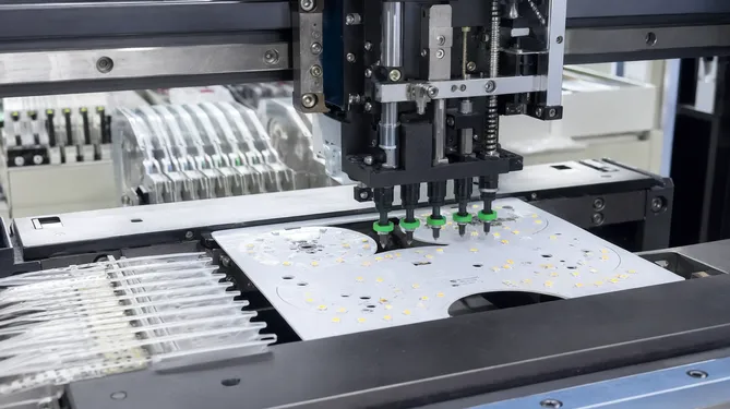 Automated SMT pick-and-place machine mounting LED chips with precision alignment for professional DJ light PCBs