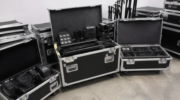 Mobile DJ lighting rig packed for transport to event
