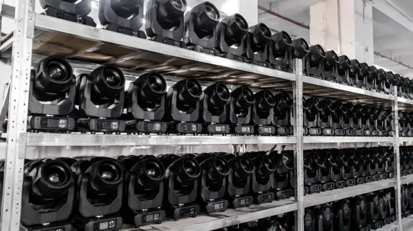 Rental house fleet inventory of professional DJ lights on shelving